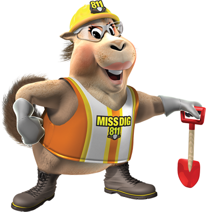 miss dig mascot holding a shovel and smiling